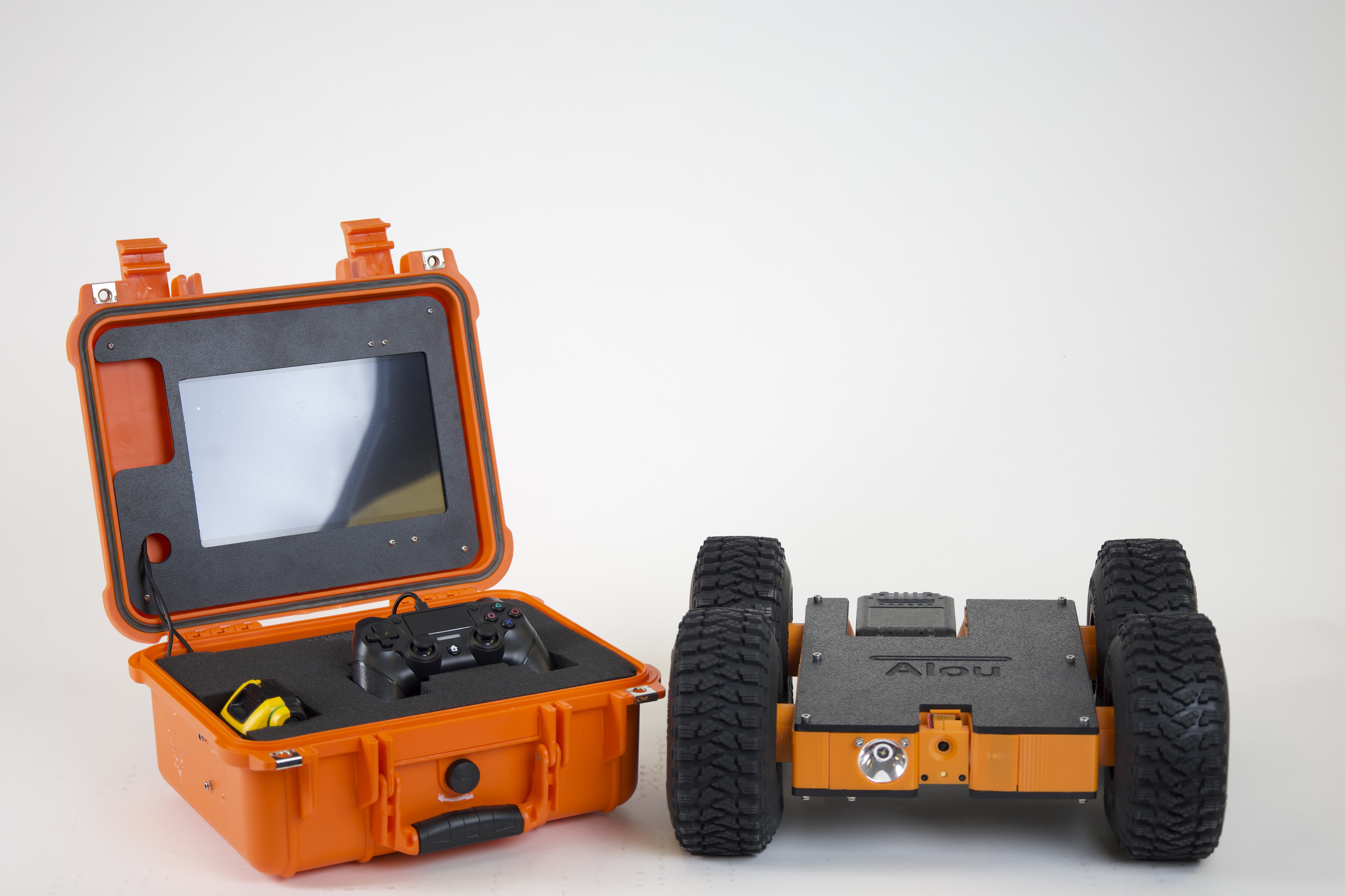 The Scrutinizer crawlspace inspection robot with its controller case